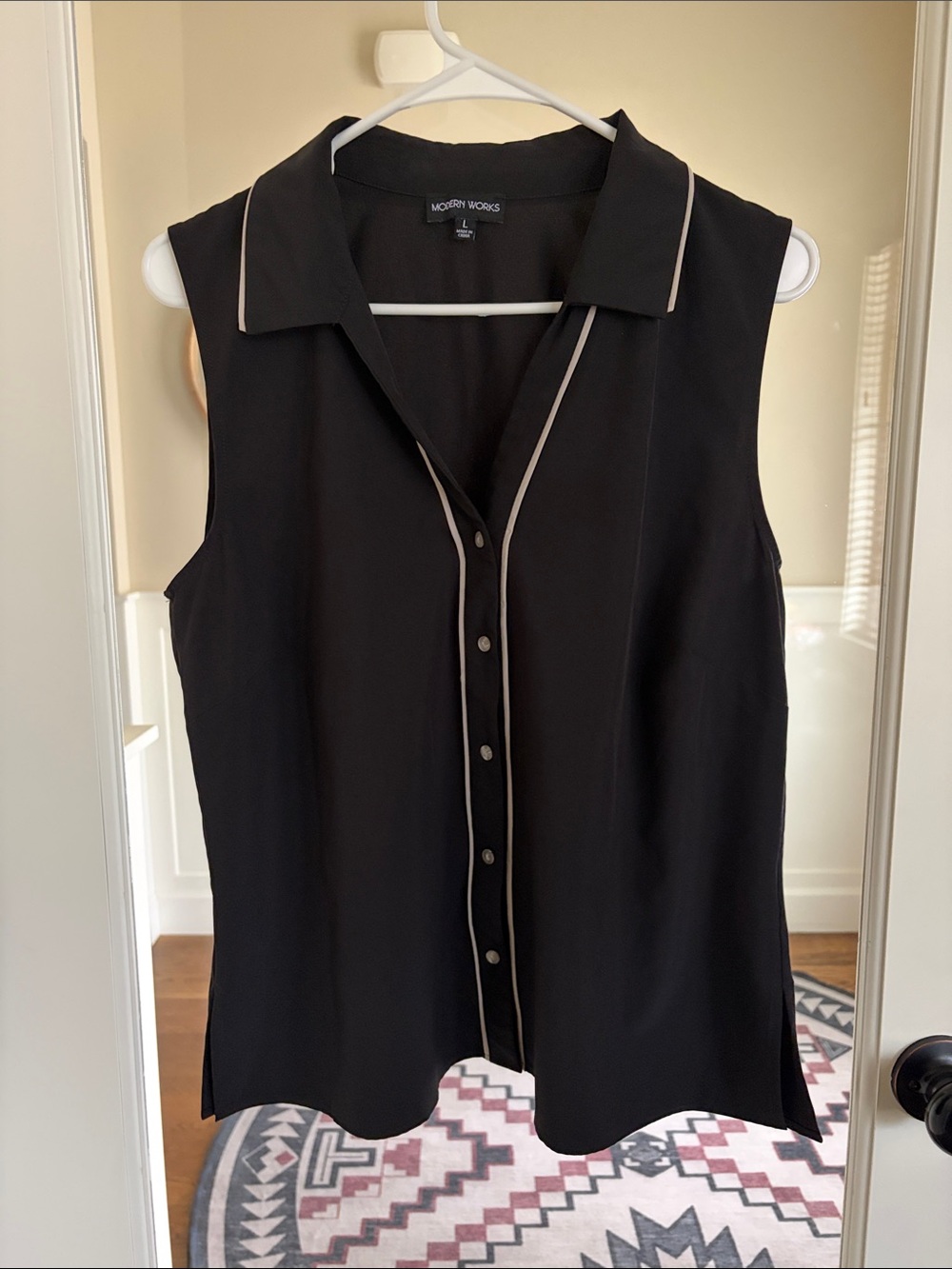 Modern Works Black Sleeveless Button-Down Top with Cream Piping